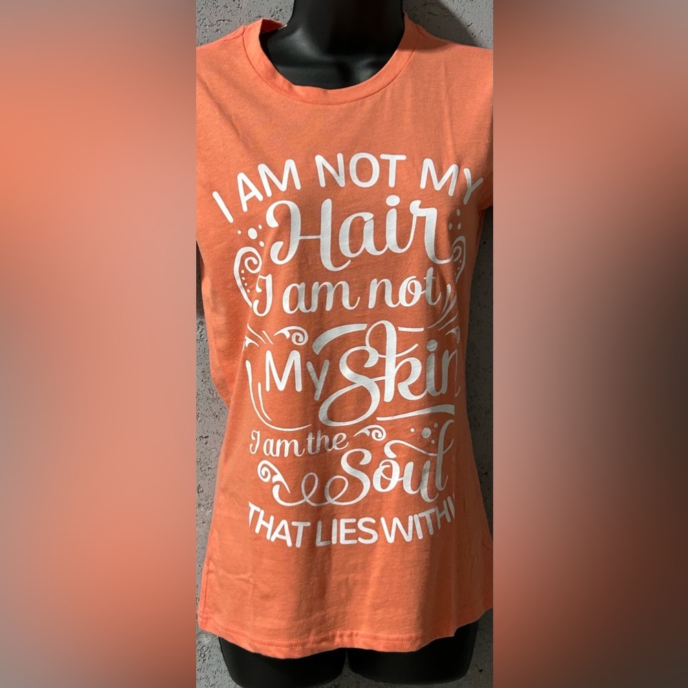 #053 Sz S Coral / Orange Tee with White Bold Text NIP | Izzy & Liv